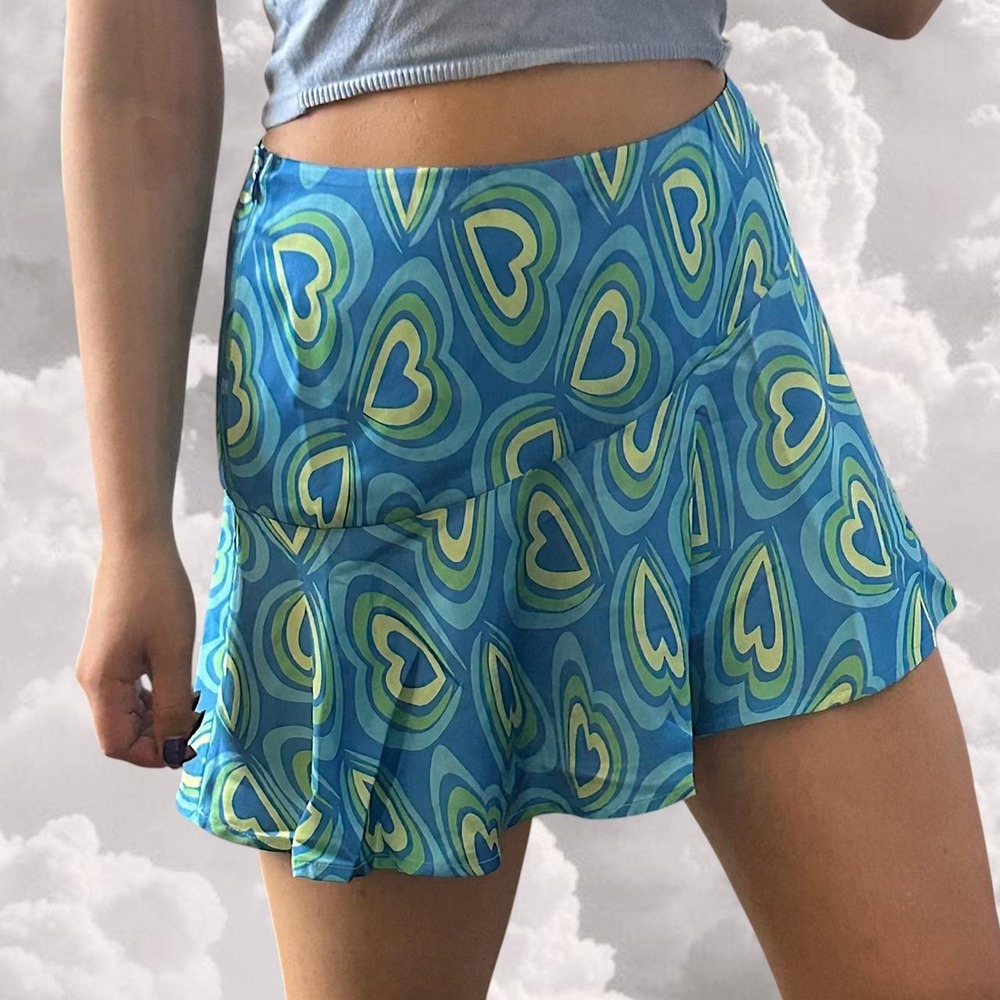 Another Girl satin retro heart print blue mini skirt size M